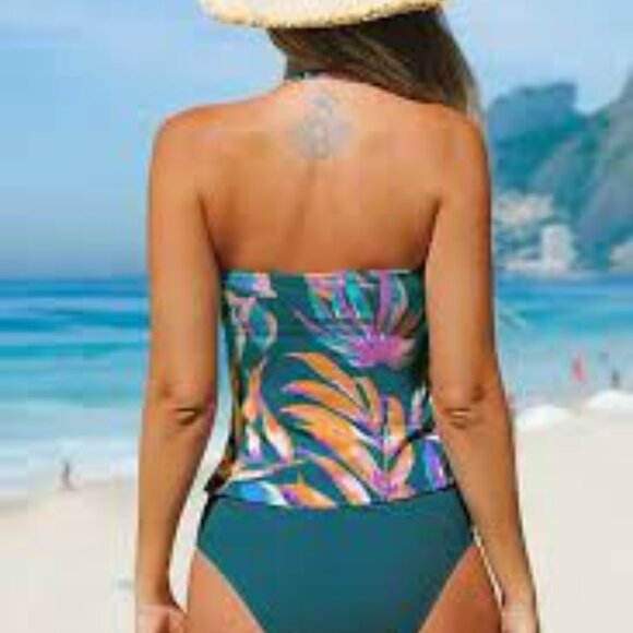 CUPSHE AQUA GREEN HALTER TIE & HIGH WAIST BOTTOM TANKINI SET SIZE LARGE NWT - Picture 2 of 9